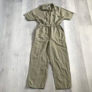 ZARA WOMENS JUMPSUIT GREEN LINEN SHORT SLEEVE WIDE LEG CASUAL SMALL